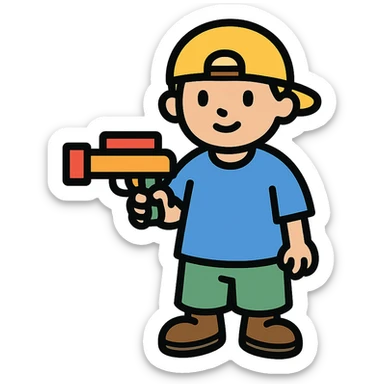 little white kid in baggy clothes, holding a toy gun, outlined icon sticker