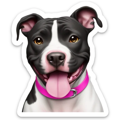 Black and white pit bull smiling with pink collar sticker