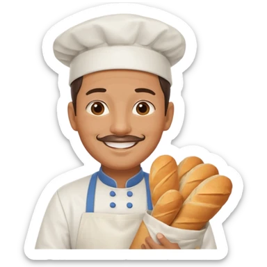 Middle aged male pastry chef - apron, white hat, holding a bag of bread sticker