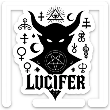 Add more occult symbols to Lucifer's emblem, gothic style, with a horned silhouette and glowing eyes, dark and striking. The emblem should have a transparent background. sticker
