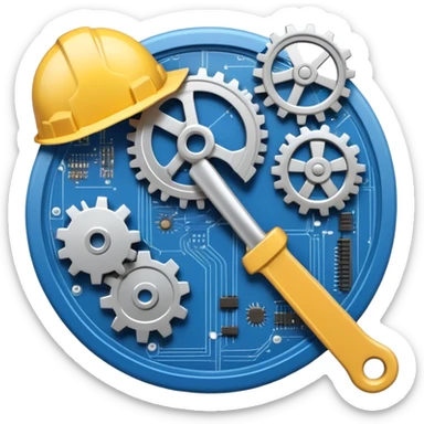 An icon featuring a gear, a wrench, and a blueprint, symbolizing engineering. The design includes a hard hat, a circuit board, and a ruler, representing problem-solving, design, and technological innovation across various engineering fields. Transparent background sticker