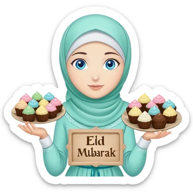 Turkish beautiful finish Konya girl blue eyes with mint hijab islamic dress and had on her hand text Eid Mubarak with sweets and celebrating with her friends eid days   sticker
