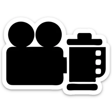 Minimalist film camera icon with roll of film sticker