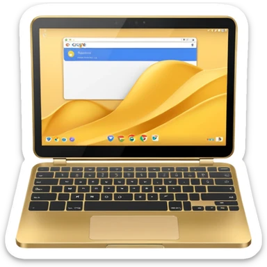 Golden Chromebook with a Touchpad and the Google app open on the screen. sticker