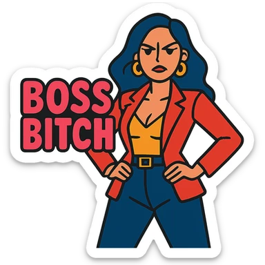 stern, sexy woman in a power pose with bold text 'Boss Bitch' in vibrant toon style sticker