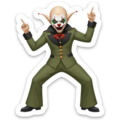 evil clown, bald, small black satan horns on forehead, fangs, pointed ears, black and military green leisure suit with bellbottom pants, realistically proportioned, less bulky, full body, battle-ready fighting posture sticker