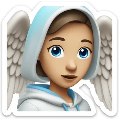 White brunette female Angel with blue eyes and dimples wearing a hoodie sticker