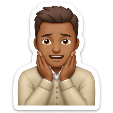 A man holding neck with both hands the hands are crosed and he is like crying smiling and he is angry sticker