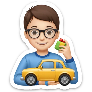 The child with glasses → is holding a toy car sticker