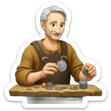 old and experienced coin engraver yielding a coin, medieval age sticker