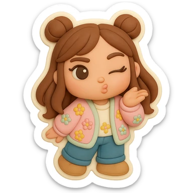 3D chibi fondant cake art style, high-quality rendering with smooth shadows and soft gradients. Girl based on reference image with preserved facial features and eye shape, long brown hair in two space buns, brown eyes, jeans, pastel floral cardigan, shoes, thick white outline like a sticker, transparent background. Blowing a kiss and winking. Ensure the face, hairstyle, eye shape, and shoes match the reference exactly. sticker
