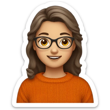 cute chubby girl with grey glasses brown hair waving wearing a dark orange sweater sticker