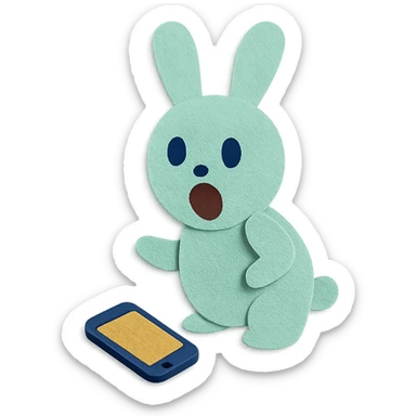 mint bunny shocked looking at phone on ground, paper-craft style sticker