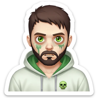 zombie pointing finger, undercut hairstyle with dark brown hair, short full beard, heterochromia with one green eye and one brown eye, wearing plain white hoodie sticker