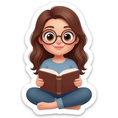 detailed emoji illustration of a curvy woman with long chestnut brown wavy hair, big light brown eyes and round glasses, sitting cross-legged and reading a book, cute emoji style sticker