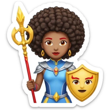Emoji metisse femboy mais plus masculin avec drapeau ukrainien arriere plan, un afro, sourcils rouge, fourche trident, et eclairs et sur fond bleu clair irrisé. sticker