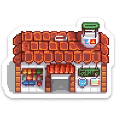 isometric supermarket building with red tiled roof, store entrance, and small parking area sticker
