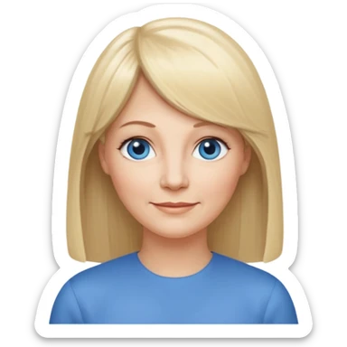 50 yr old white woman, center part bangs, very long straight blond hair, oval face, small smile, blue eyes, thin face, hair downback, hair parted at center of head, round cheeks, pale, longer hair sticker