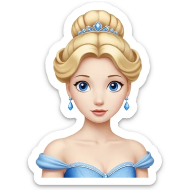 Cinematic Realistic Noble Cinderella Portrait, depicted with porcelain skin rendered in lifelike detail and soft, natural lighting that highlights every delicate nuance. Her intricately styled golden-blonde hair is arranged in an elegant updo, and her deep, expressive blue eyes radiate quiet determination. She wears her classic ball gown with rich fabric textures and delicate folds catching the light beautifully, all set against a subtly glowing, natural background that captures the essence of timeless royal grace. sticker