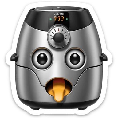 An air fryer with the knobs and handles made to look it's eyes, nose and mouth, hysterically crying with laughter sticker