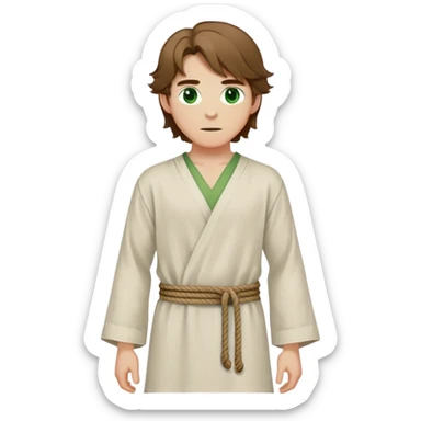 medieval spring outfit worn by a DnD themed fantasy male character. lightweight long-sleeved linen tunic with a simple rope belt, slightly open at the collar. clothes only above the waist. The clothes full waist. The character's haven't arms. character is white-skinned, brown hair, green eyes, shoulder-length wavy hair. sticker