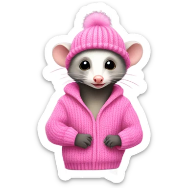 Opossum with a pink sweater and hat   sticker
