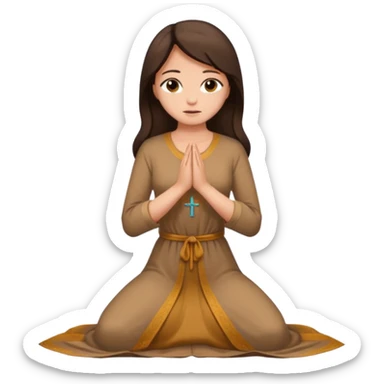 woman kneeling and praying, long tan dress, dark brown hair sticker