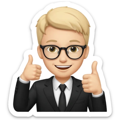 un estudiante con terno negro que este parado con sus lentes guiñando el ojo y CON LAS MANOS HACIA ARRIBA DANDO LIKE sticker