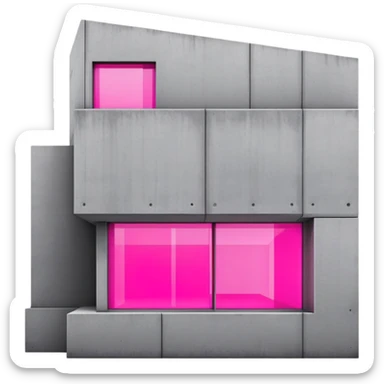 Minimalist gray concrete building with one window glowing bright pink, brutalist architecture sticker