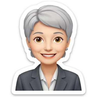 72-year-old professional woman, neat suit, smiling, short hair, friendly impression sticker