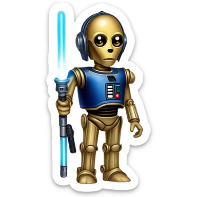 darkblue-pearl friendly smiling bounty hunter c3po droid wearing backpack, saddlebags and light saber ready to fight at ease. steampunk sticker