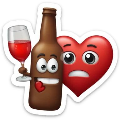 A red heart ❤️ with eyes, a mouth, and hands, tipsy and drunk, holding a bottle, looking wobbly and playful sticker