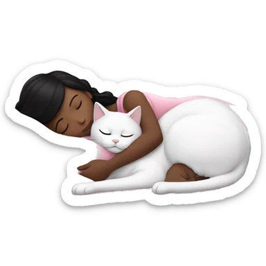 White girl with black hair sleeping with white cat under a pink blanket sticker