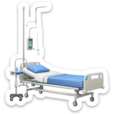 A clean patient room with hospital bed, curtain divider, and IV stand.
 sticker