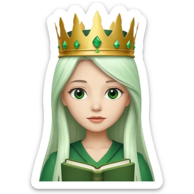 Long Hair Women with green Book, White straight hair, crown

 sticker