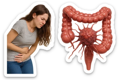 donna giovane piegata in avanti con mal di pancia e cellula tumorale che danneggia il colon, iperrealistica 4k sticker