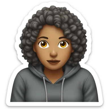 Woman with big curly hair in hoodie on the couch  sticker