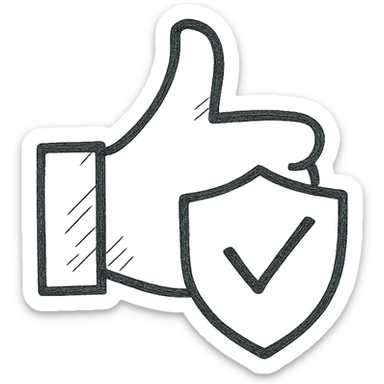 minimalist green thumbs up emoji combined with shield symbol, light blue clean background, conveying calm and security sticker