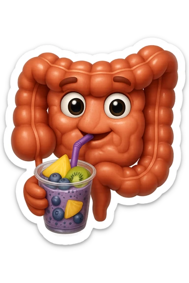 EMOJI STILE IPHONE DI un intestino umano anatomico che beve un frullato di mirtilli, ananas, kiwi, fagli anche la parte bianca degli occhi, non solo le pupille, REALISTICo 4K sticker