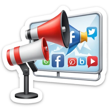 An icon featuring a megaphone, a billboard, and social media icons, symbolizing advertising and public relations. The design includes a press release and a rising graph, representing brand promotion and communication strategies. Transparent background highlights media influence and outreach. sticker