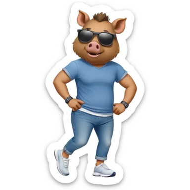friendly anthropomorphised boar in jeans and a t-shirt, wearing dark sunglasses, jogging upright, relaxed pose sticker