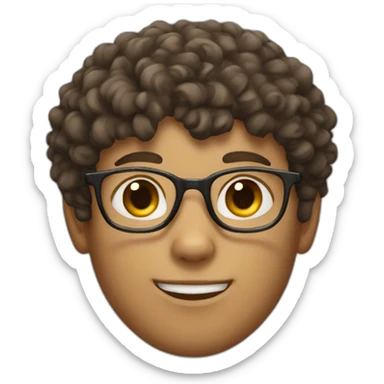 head of a boy with brown curly short hair and white glasses with a dark cat sticker