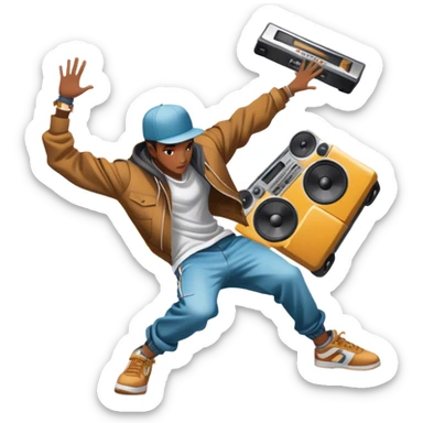 Icon for Street Dance: a dancer in urban streetwear performing a dynamic lower breakdance move, with a spray-painted background and a boombox on the asphalt. The icon should capture the energy, style, and creativity of street dance culture. Transparent background. sticker
