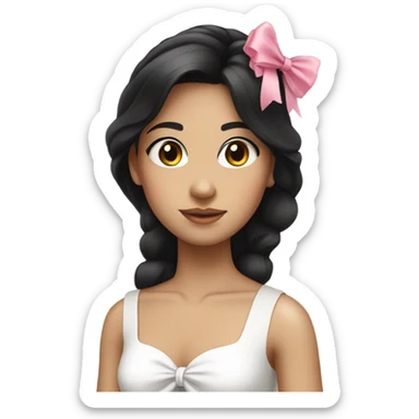 girl with black hair in white dress with pink bow sticker