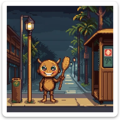 humanoid wooden club with big cartoon eyes and wide smile, barefoot, standing at a dark street bus stop under dim streetlight, holding a bat, background sign 'Pentung Pos Ronda' sticker