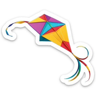 A colorful kite soaring high in the sky on a sunny day, with a long, flowing tail trailing behind. The background features an open field or beach, capturing the joy and freedom of flying kites, with gentle winds and a peaceful atmosphere. sticker