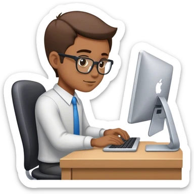 Looking down, full-length portrait of a professional working diligently at a computer. sticker