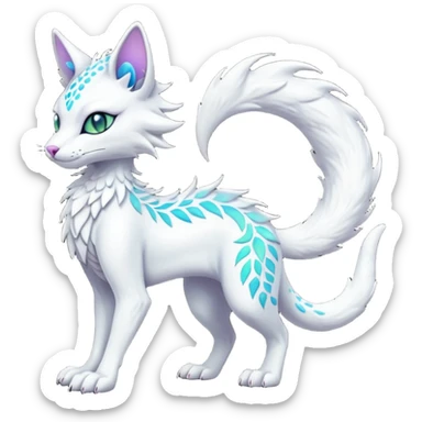 Kawaii white iridescent edgy fantasy feline-vernid-sergal-fursona animal creature with a tufted tail full body with intricate markings  sticker