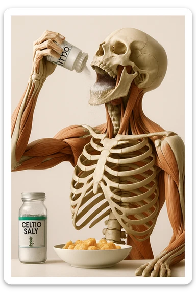 Create a vertical hyperrealistic 4K medical illustration in the style of the reference image. Depict an anatomically accurate human body holding a jar labeled 'CELTIC SALT', tossing salt into his mouth at breakfast. The background should be neutral and clear, with extreme detail and vertical format. Maintain the ultra-detailed medical illustration style as in the reference. sticker