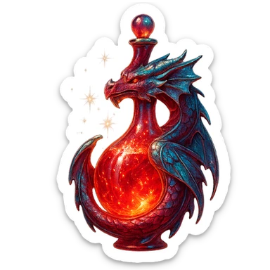 dragon-shaped luxurious elixir bottle, all vibrant red, iridescent and silver details, intense magical glowing and sparkling effects, very small neck, seamless bottom, transparent background, floating, no base or shadow, modern, matching a collection sticker
